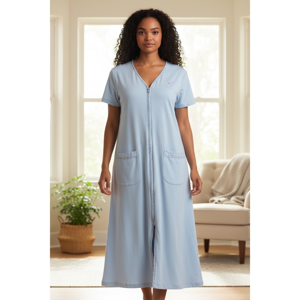 Secret Treasures Women Blue Zip Front House Dress Robe Floral L 12-14 Grannycore